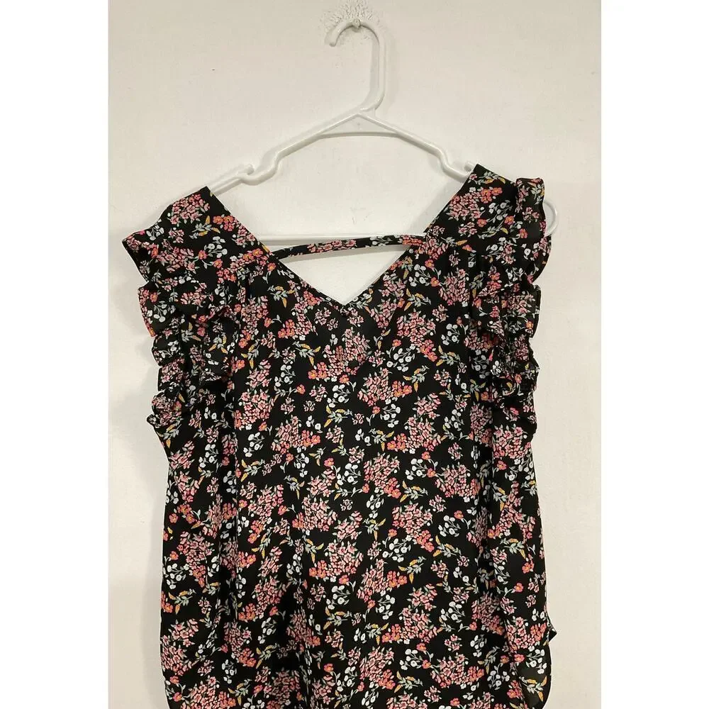 LOFT Floral Ruffle Sleeve V-Neck Pullover Blouse Sleeveless Size Small